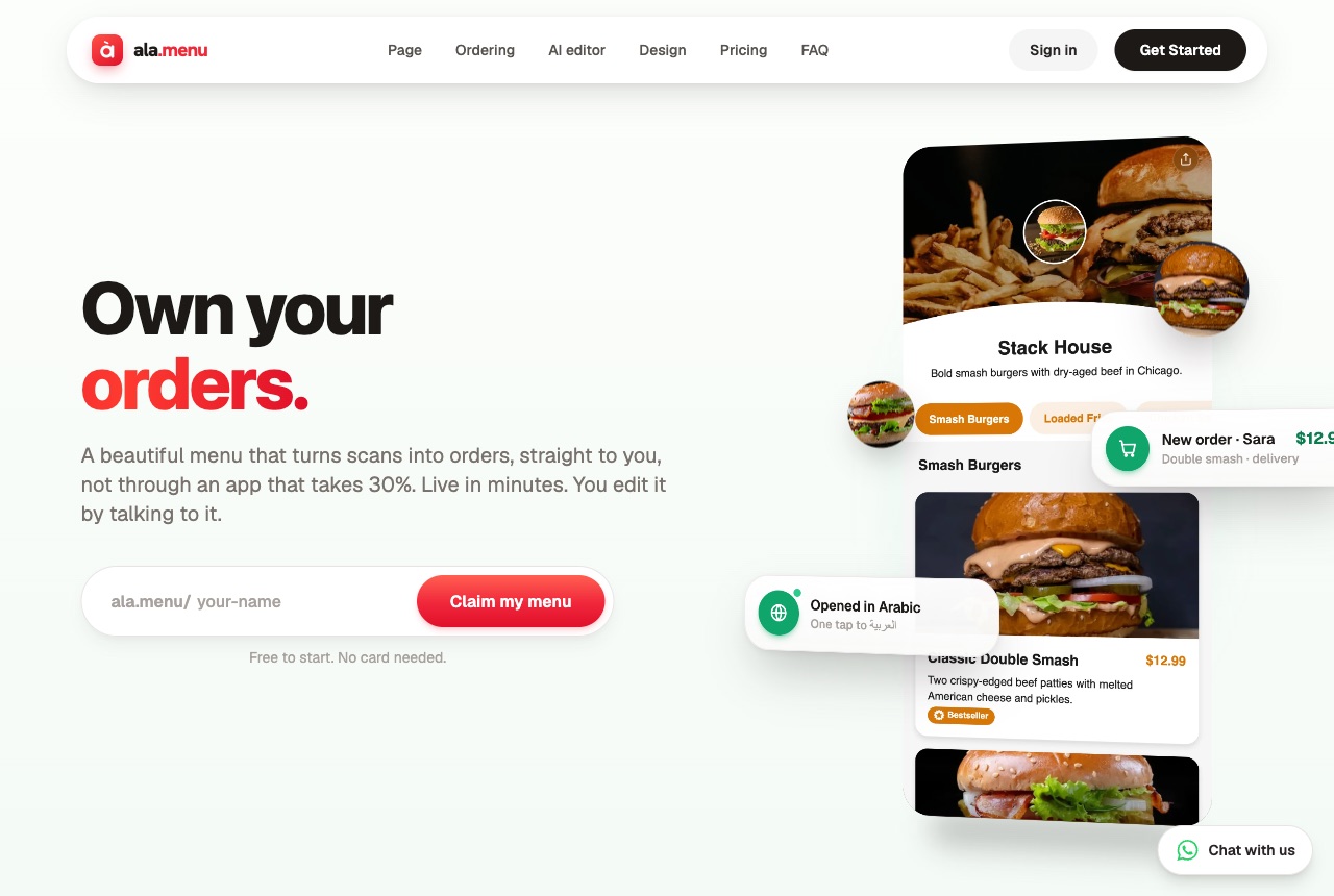 The ala.menu landing page, live